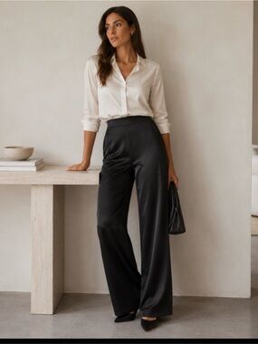 Reformation Black Wide-Leg High-Rise Satin Pants